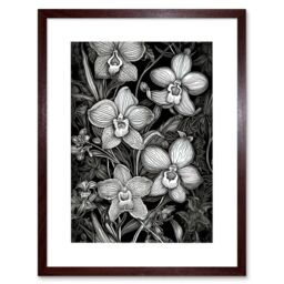 "Artery8 Wall Art Print White on Black Blooming Orchid Flower Plants Artwork Framed 9X7 Inch in Brown - Size: W7"" x H9""" - thumbnail 1