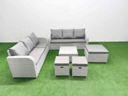 Fimous Outdoor Garden Furniture Sets 9 Seater Wicker Rattan Furniture Sofa Sets with Square Coffee Table high Back Lounge Sofa 3 Stools Light Grey - thumbnail 1