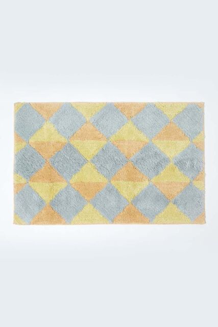 Homescapes Harlequin Pattern Yellow & Grey Cotton Bath Mat - image 1