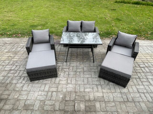 Fimous Garden Dining Set Wicker PE Rattan Outdoor Furniture Sofa with Rectangular Dining Table Double Seat Sofa 2 Big Footstool 2 Armchairs