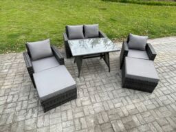 Fimous Garden Dining Set Wicker PE Rattan Outdoor Furniture Sofa with Rectangular Dining Table Double Seat Sofa 2 Big Footstool 2 Armchairs - thumbnail 2