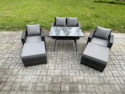 Fimous Garden Dining Set Wicker PE Rattan Outdoor Furniture Sofa with Rectangular Dining Table Double Seat Sofa 2 Big Footstool 2 Armchairs - thumbnail 1