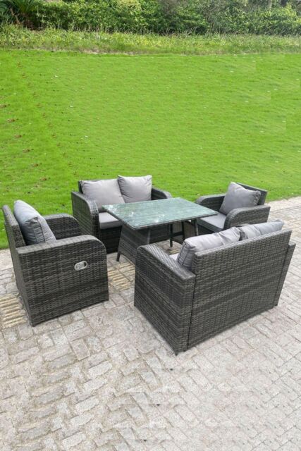Fimous Outdoor Rattan Sofa Set Dining Table Reclining Chairs Love Sofa 6 Seater in Dark Grey - image 1
