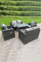 Fimous Outdoor Rattan Sofa Set Dining Table Reclining Chairs Love Sofa 6 Seater in Dark Grey - thumbnail 2