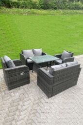 Fimous Outdoor Rattan Sofa Set Dining Table Reclining Chairs Love Sofa 6 Seater in Dark Grey