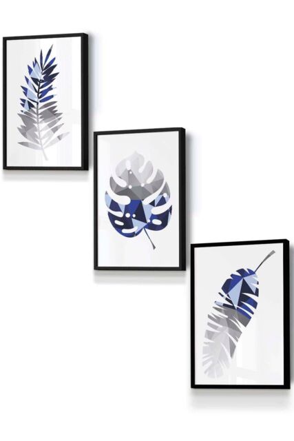ARTZE Geometric Tropical Leaves In Navy Blue Grey Framed Wall Art - Small in Black - Size: W33 cm x H45 cm x D20mm - image 1