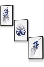 ARTZE Geometric Tropical Leaves In Navy Blue Grey Framed Wall Art - Small in Black - Size: W33 cm x H45 cm x D20mm - thumbnail 1