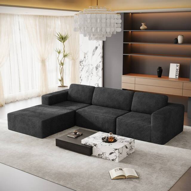 Dprodo Corduroy Modular Sofa, 303CM L Shape Couch, 25V9 in Black - image 1