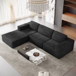 Dprodo Corduroy Modular Sofa, 303CM L Shape Couch, 25V9 in Black - thumbnail 9