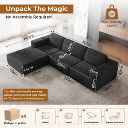 Dprodo Corduroy Modular Sofa, 303CM L Shape Couch, 25V9 in Black - thumbnail 2