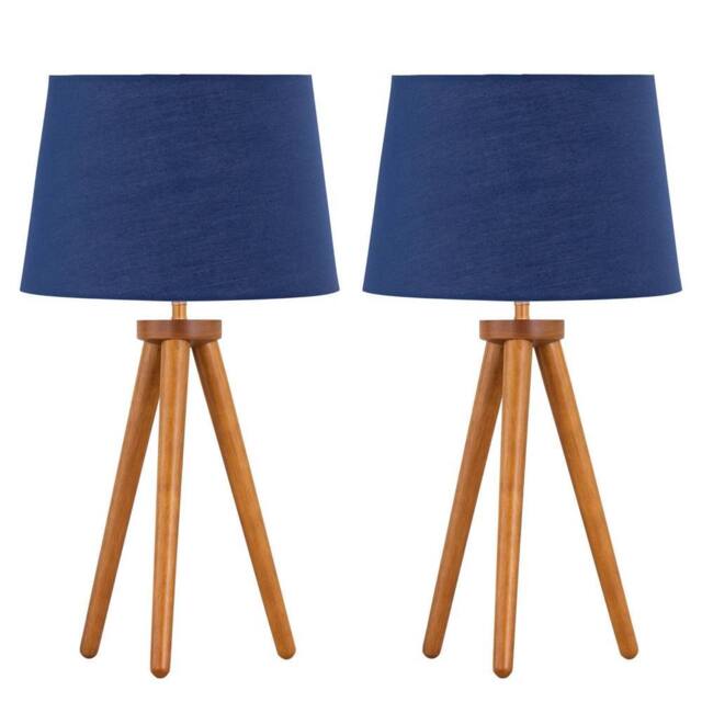 First Choice Lighting Set of 2 Dark Oak Table Lamp or Bedside Lights with Navy Blue Shades in Brown - image 1
