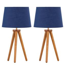 First Choice Lighting Set of 2 Dark Oak Table Lamp or Bedside Lights with Navy Blue Shades in Brown - thumbnail 1