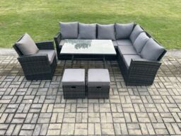 Fimous Outdoor Furniture Garden Dining Set Rattan Corner Sofa Chair Set Rectangular Dining Table with Temper Glass Footstools in Dark Grey - thumbnail 2