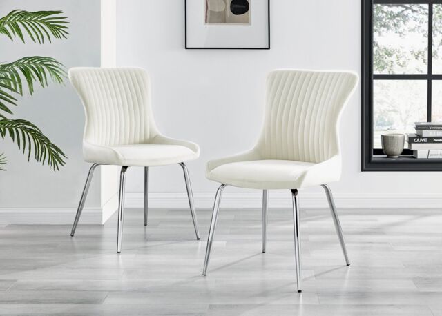 FurnitureboxUK Set of 2 Nora Deep Padded Luxurious Dining Chairs Upholstered In Soft Velvet With Chrome Legs in Cream - image 1