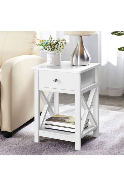 55.5cm Height Wooden Side Table with Dual Drawers & Storage Shelf in White - image 1