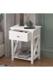 55.5cm Height Wooden Side Table with Dual Drawers & Storage Shelf in White - thumbnail 5