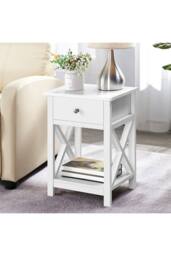 55.5cm Height Wooden Side Table with Dual Drawers & Storage Shelf in White - thumbnail 1