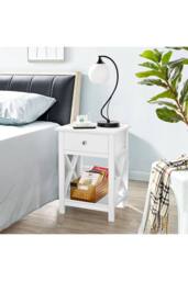 55.5cm Height Wooden Side Table with Dual Drawers & Storage Shelf in White - thumbnail 3