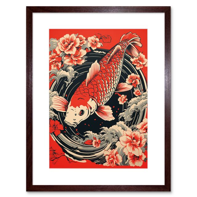 "Artery8 Wall Art Print Koi Fish Carp Japan Whirlpool Red Black Floral Artwork Coy Artwork Framed 9X7 Inch in Brown - Size: W7"" x H9""" - image 1