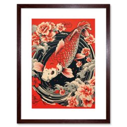 "Artery8 Wall Art Print Koi Fish Carp Japan Whirlpool Red Black Floral Artwork Coy Artwork Framed 9X7 Inch in Brown - Size: W7"" x H9""" - thumbnail 1