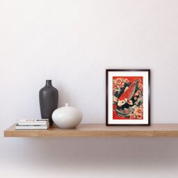 "Artery8 Wall Art Print Koi Fish Carp Japan Whirlpool Red Black Floral Artwork Coy Artwork Framed 9X7 Inch in Brown - Size: W7"" x H9""" - thumbnail 2