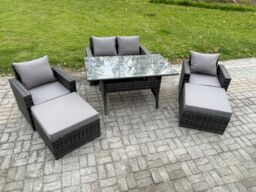 Fimous 6 Seater High Back Outdoor Garden Furniture Rattan Sofa Dining Table Set with Armchair 2 Big Footstool Dark Grey Mixed - thumbnail 2