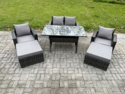 Fimous 6 Seater High Back Outdoor Garden Furniture Rattan Sofa Dining Table Set with Armchair 2 Big Footstool Dark Grey Mixed - thumbnail 1