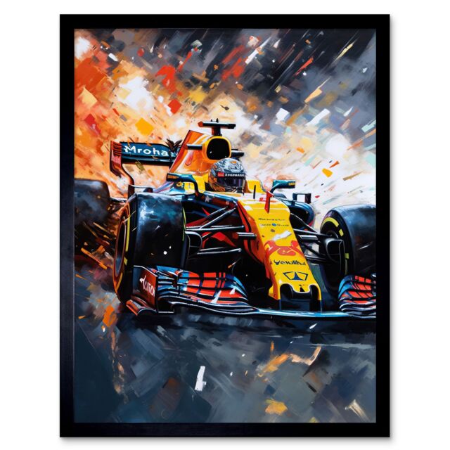 "Artery8 Wall Art Print Grand Prix Race Car in Action on Track Circuit Art Framed in Black - Size: W12"" x H16""" - image 1