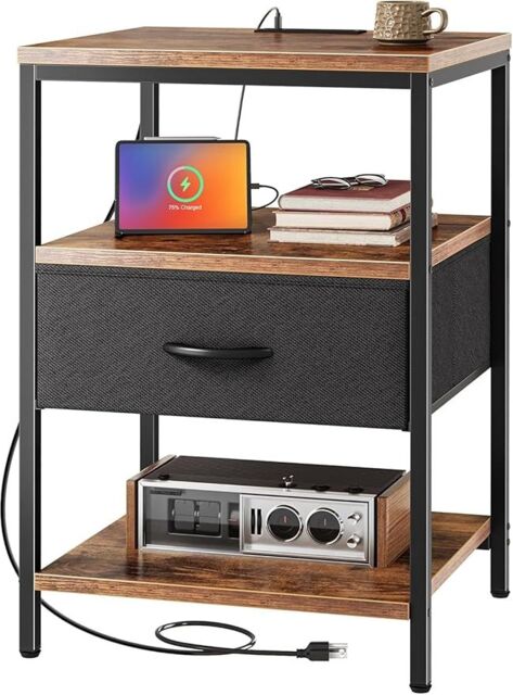 Xample Side Table with Charging Station, Narrow Bedside Table with 2 Sockets & 2 USB Ports, 3-Tier Nightstand with Drawer, End Tables - image 1