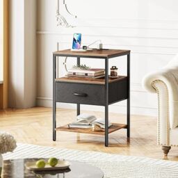 Xample Side Table with Charging Station, Narrow Bedside Table with 2 Sockets & 2 USB Ports, 3-Tier Nightstand with Drawer, End Tables - thumbnail 4