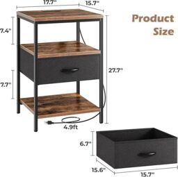 Xample Side Table with Charging Station, Narrow Bedside Table with 2 Sockets & 2 USB Ports, 3-Tier Nightstand with Drawer, End Tables - thumbnail 3