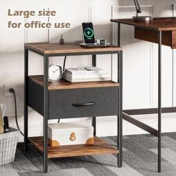 Xample Side Table with Charging Station, Narrow Bedside Table with 2 Sockets & 2 USB Ports, 3-Tier Nightstand with Drawer, End Tables - thumbnail 5