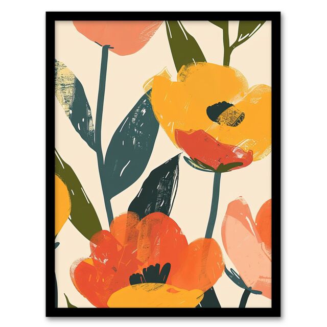 Artery8 Wall Art Print Simple Spring Flower Blooms Bright Painting Art Framed Poster in Black - Size: A4 - image 1