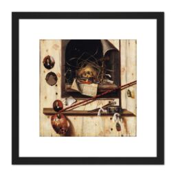 Artery8 Gysbrechts Studio Wall Vanitas Still Life Trompe L'oeil Painting 8X8 Inch Square Wooden Framed Wall Art Print Picture with Mount in Black - thumbnail 1