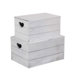Red Hamper Set of 2 Vintage Effect Heart Cut Handle Wooden Lidded Storage Box in Grey - thumbnail 2