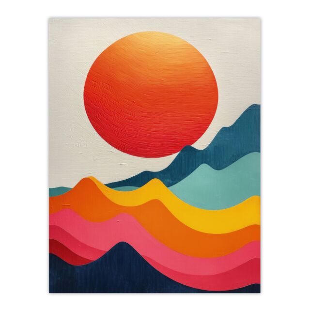 "Artery8 Wall Art Print Abstract Waves Sunset Sun Vibrant Oil Painting Poster - Size: W12"" x H16""" - image 1