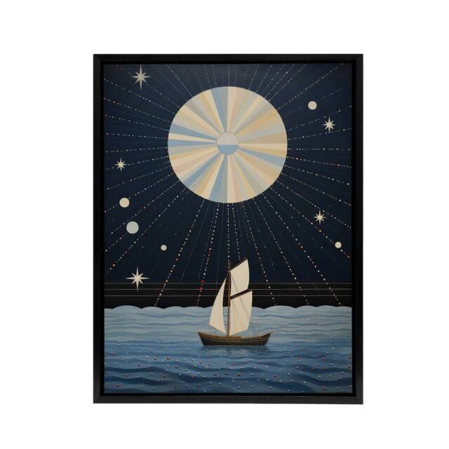 "Artery8 Boat Sailing Under Full Moon Framed Canvas Abstract Wall Art Print in Dark Blue - Size: W12"" x H16""" - image 1