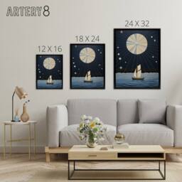 "Artery8 Boat Sailing Under Full Moon Framed Canvas Abstract Wall Art Print in Dark Blue - Size: W12"" x H16""" - thumbnail 4