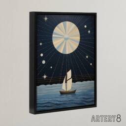 "Artery8 Boat Sailing Under Full Moon Framed Canvas Abstract Wall Art Print in Dark Blue - Size: W12"" x H16""" - thumbnail 2