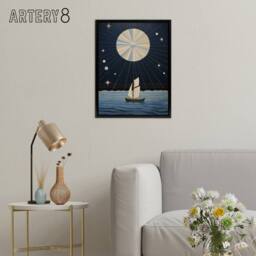 "Artery8 Boat Sailing Under Full Moon Framed Canvas Abstract Wall Art Print in Dark Blue - Size: W12"" x H16""" - thumbnail 3