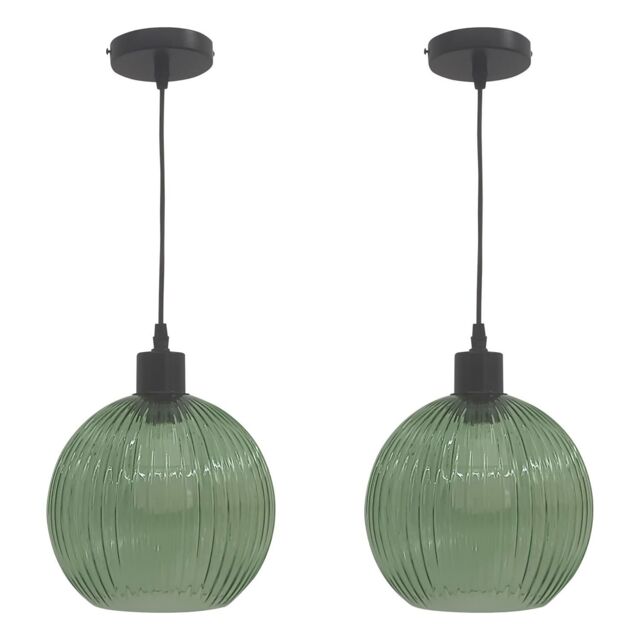 First Choice Lighting Set of 2 Betchley - Green Ribbed Glass Globe with Black Pendants - image 1