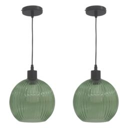 First Choice Lighting Set of 2 Betchley - Green Ribbed Glass Globe with Black Pendants