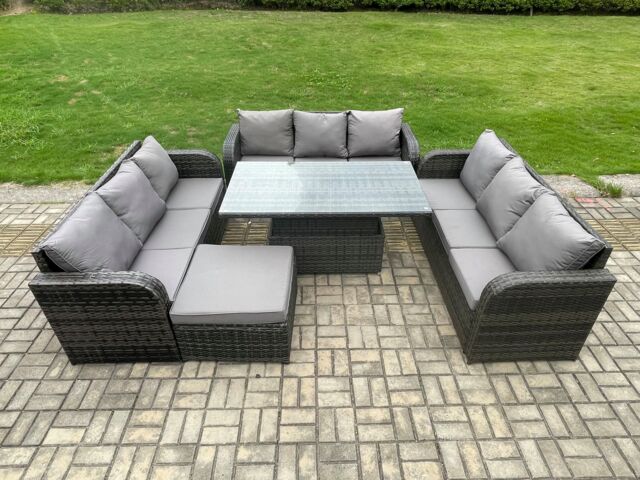 Fimous Patio Garden Dining Set Outdoor Rattan Furniture Lounge Sofa Height Adjustable Table With Big Footstool in Dark Grey - image 1