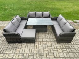 Fimous Patio Garden Dining Set Outdoor Rattan Furniture Lounge Sofa Height Adjustable Table With Big Footstool in Dark Grey - thumbnail 2