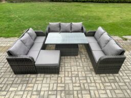 Fimous Patio Garden Dining Set Outdoor Rattan Furniture Lounge Sofa Height Adjustable Table With Big Footstool in Dark Grey - thumbnail 1