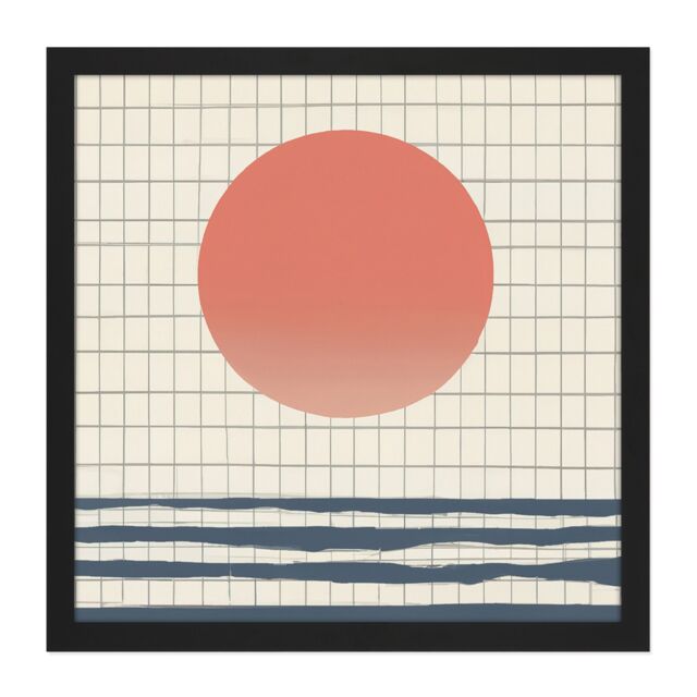 "Artery8 Wall Art Print Ocean Sunset Simple Sun Moon Abstract Japan Grid Modern Painting Square Framed Picture 16X16 Inch in Black - Size: W16"" x H16""" - image 1