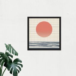 "Artery8 Wall Art Print Ocean Sunset Simple Sun Moon Abstract Japan Grid Modern Painting Square Framed Picture 16X16 Inch in Black - Size: W16"" x H16""" - thumbnail 2