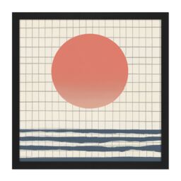 "Artery8 Wall Art Print Ocean Sunset Simple Sun Moon Abstract Japan Grid Modern Painting Square Framed Picture 16X16 Inch in Black - Size: W16"" x H16""" - thumbnail 1
