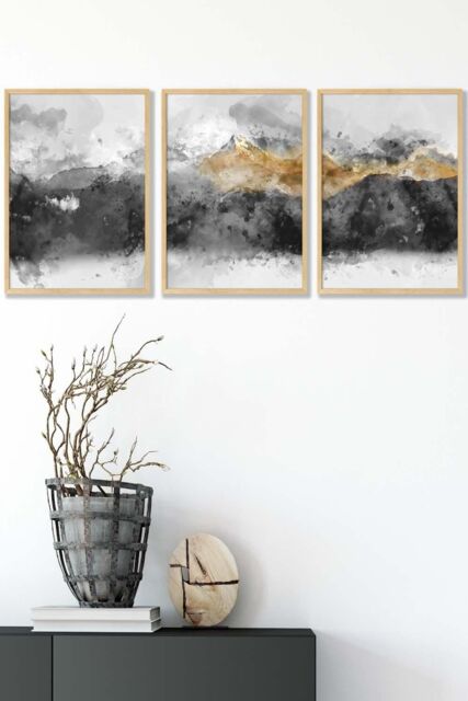 ARTZE Abstract Grey & Yellow Mountains Framed Wall Art - Medium in Light Oak - Size: W45 cm x H62 cm x D20mm - image 1