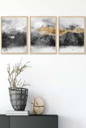 ARTZE Abstract Grey & Yellow Mountains Framed Wall Art - Medium in Light Oak - Size: W45 cm x H62 cm x D20mm - thumbnail 1